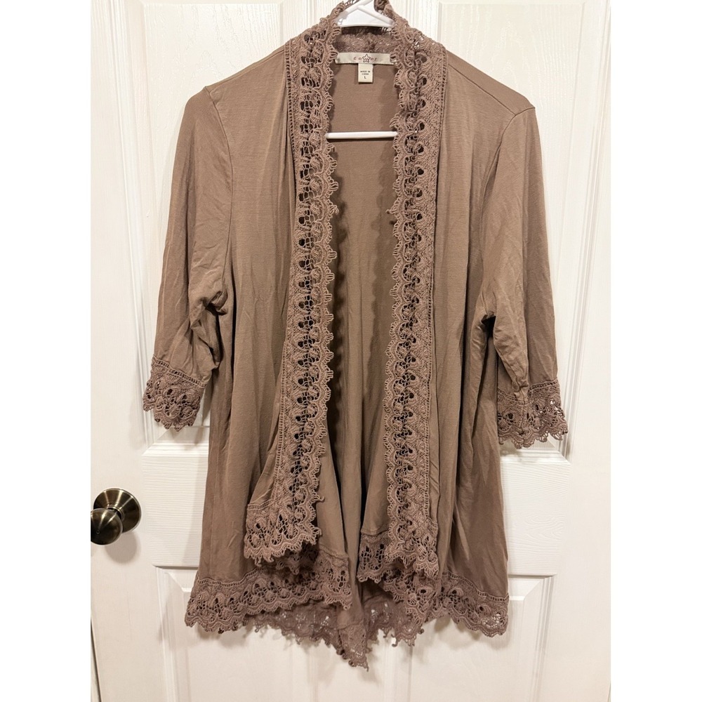 Fever Open Front Cardigan Womens Large Light Brown Lace BOHO Lightweight‎ Long